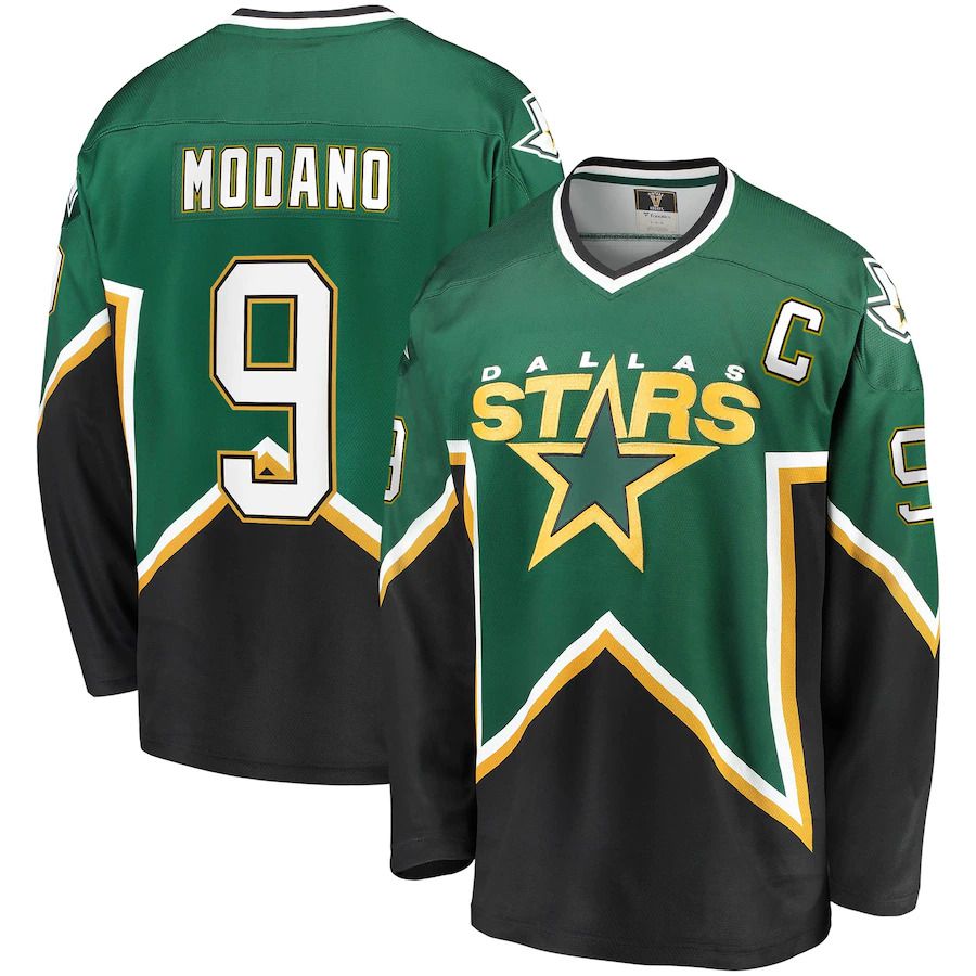 Men Dallas Stars 9 Mike Modano Fanatics Branded Kelly Green Black Premier Breakaway Retired Player NHL Jersey